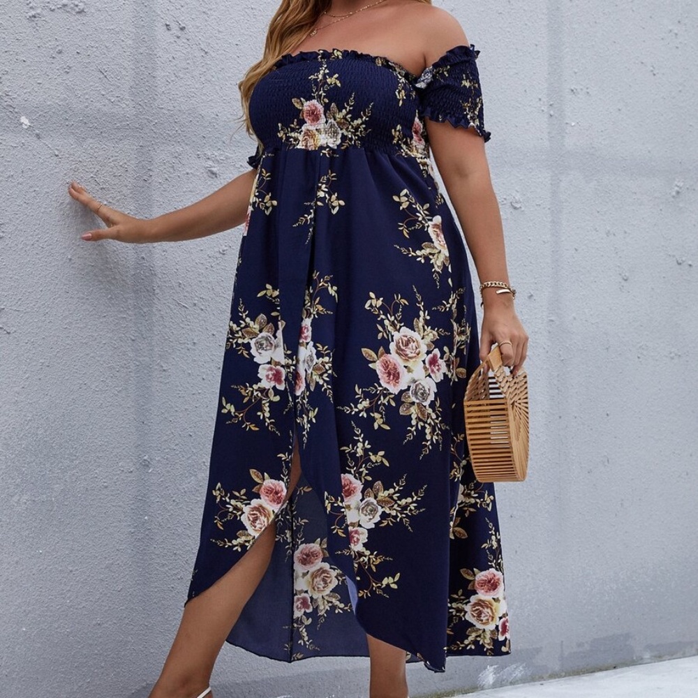 Boho Plus Floral Print Off Shoulder Cottagecore Dress - Picture 8 of 14